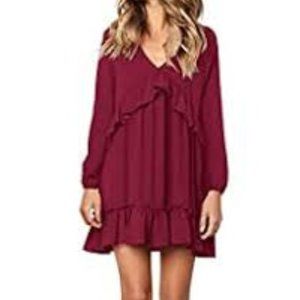 Missky (L) Summer Dress V Neck long Sleeve Ruffle Casual Loose Swing Dress